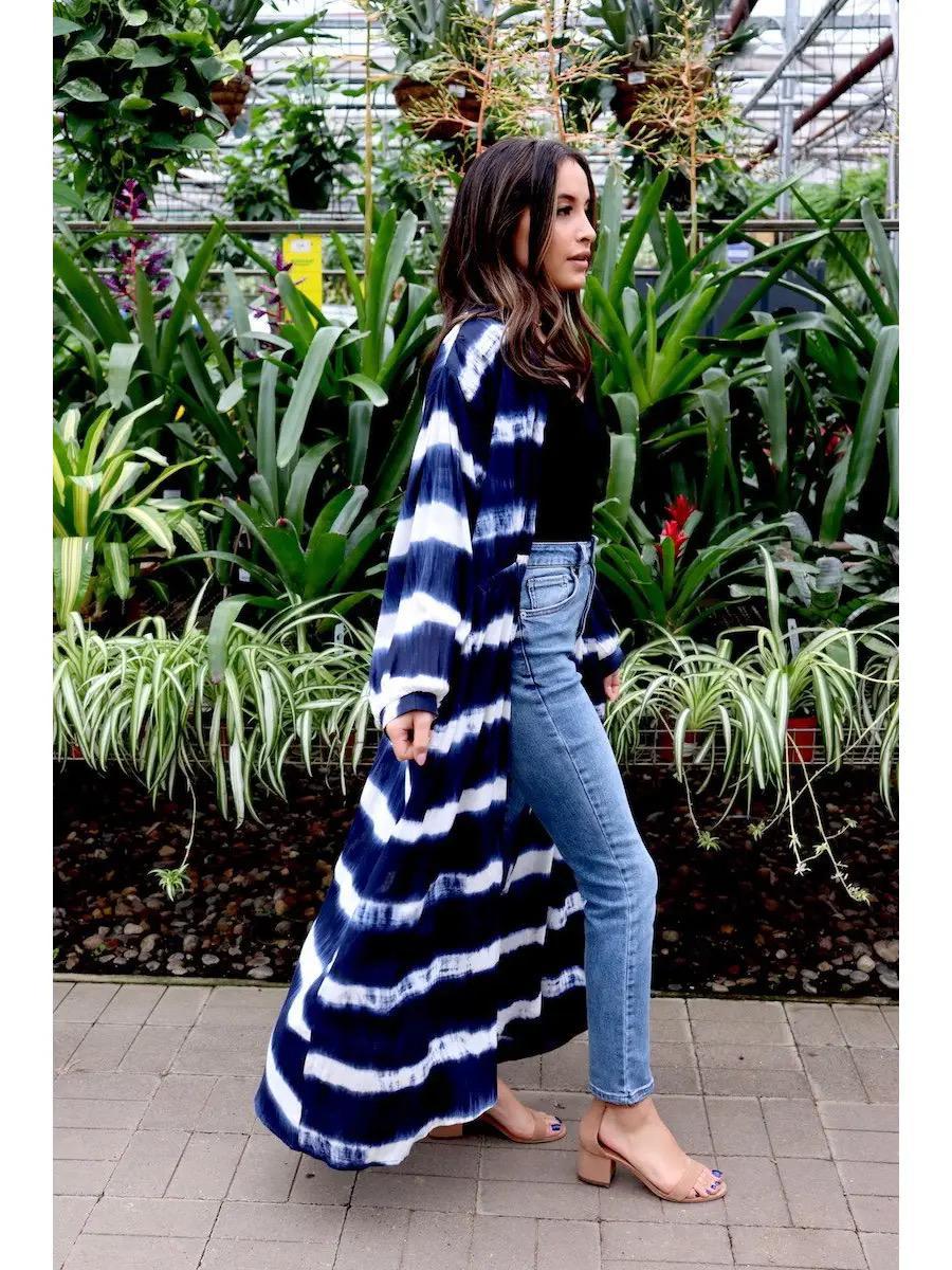 Navy & White Tie-Dye Lightweight Duster