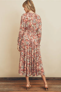 Back view of Botanical Shirred Waist Tiered Dress with keyhole button closure