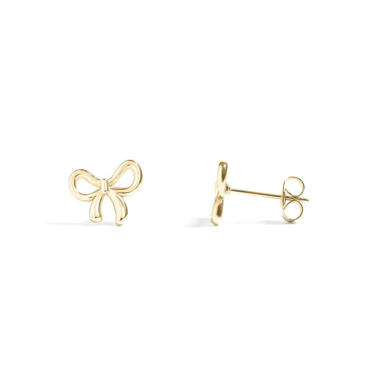 Gold bow-shaped earrings on a white background