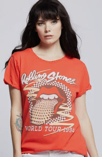 Rolling Stones Voodoo Lounge Tour Tee in vintage red cotton with distressed details — front and back tour graphics, available at Cashato
