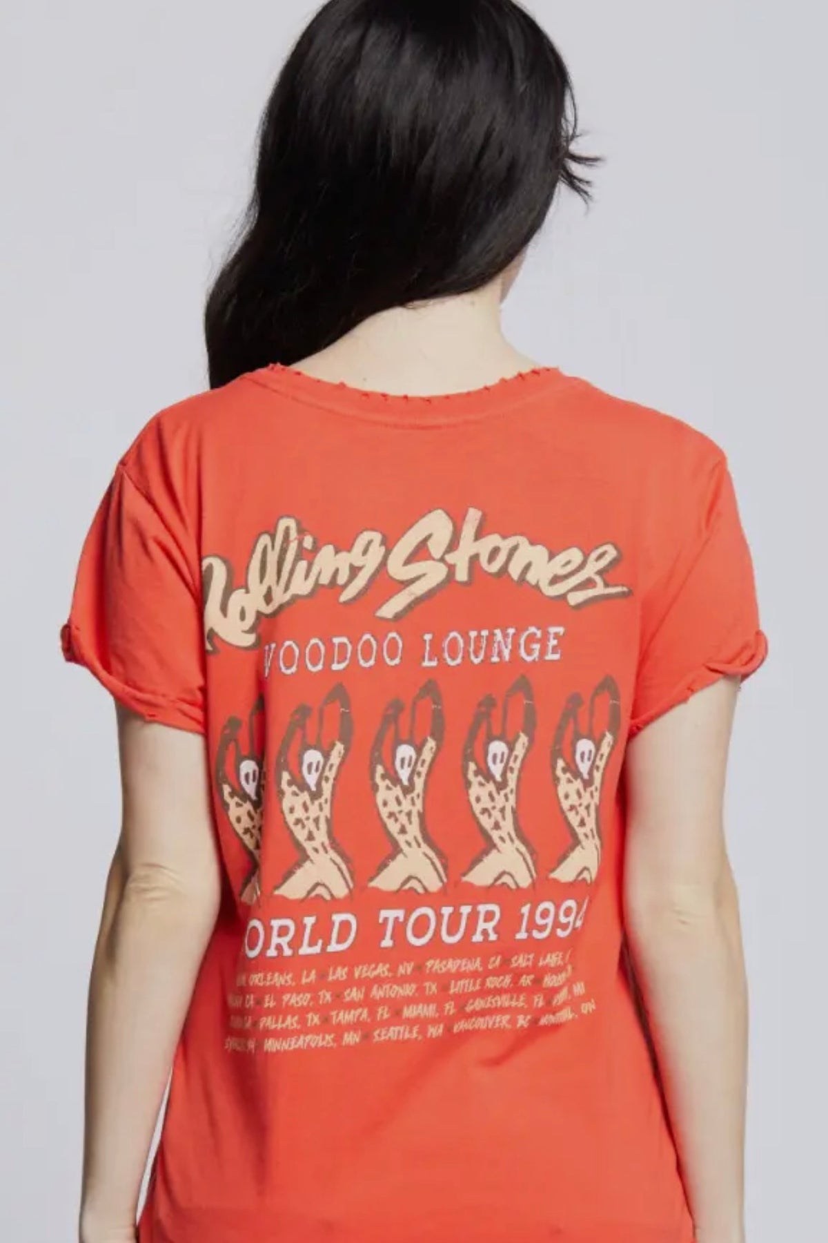 Rolling Stones Voodoo Lounge Tour Tee in vintage red cotton with distressed details — front and back tour graphics, available at Cashato