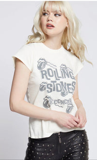 Model wearing white Rolling Stones In Concert baby tee with faded logo graphic