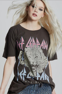 Person wearing a Def Leppard t-shirt with a leopard graphic on a plain background from Cashato.
