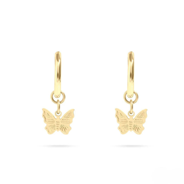 Gold hoop earrings with butterfly charms on a white background