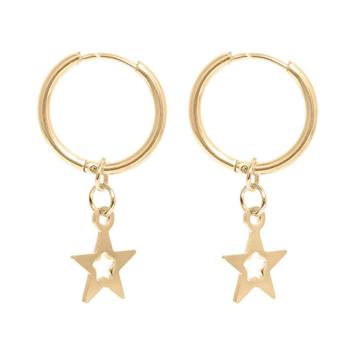 Gold hoop earrings with star charms on a white background