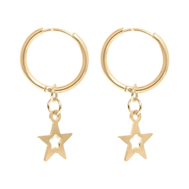 Gold hoop earrings with star charms on a white background